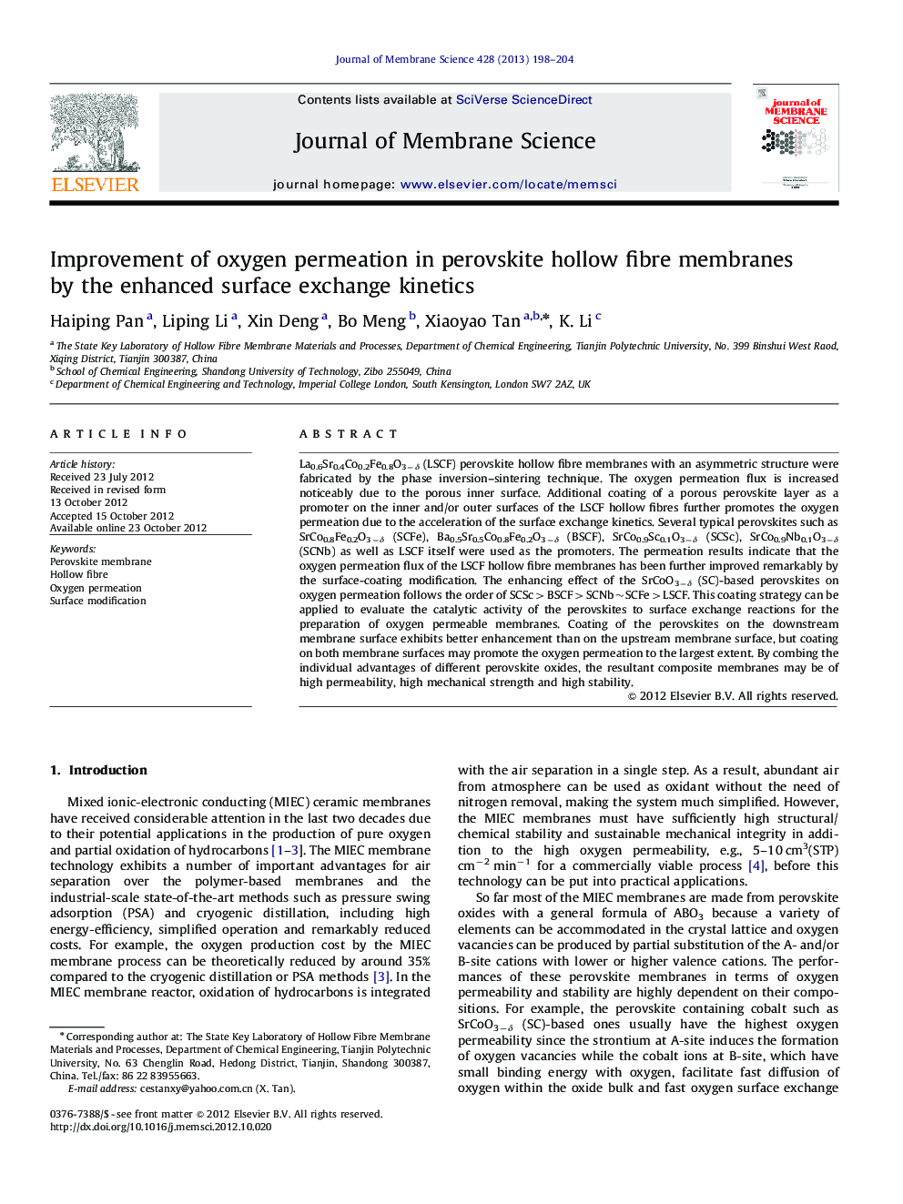 Improvement of oxygen permeation in perovskite hollow fibre membranes by the enhanced surface exchange kinetics