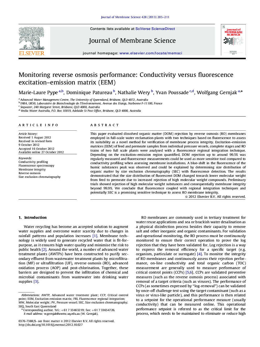 Monitoring reverse osmosis performance: Conductivity versus fluorescence excitation-emission matrix (EEM)