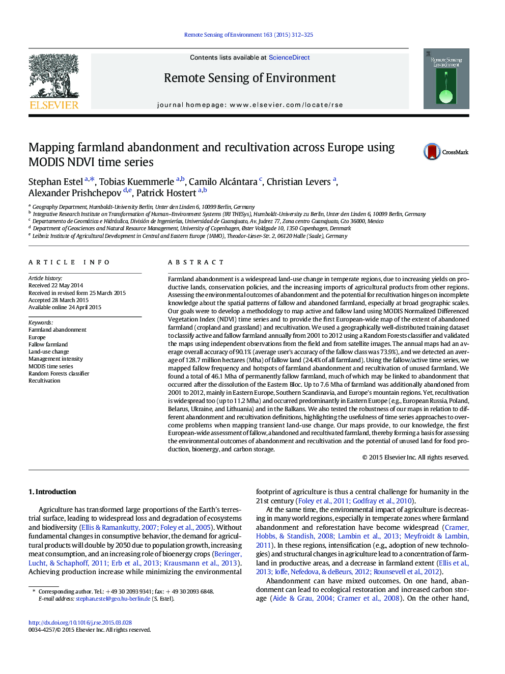 Mapping farmland abandonment and recultivation across Europe using MODIS NDVI time series