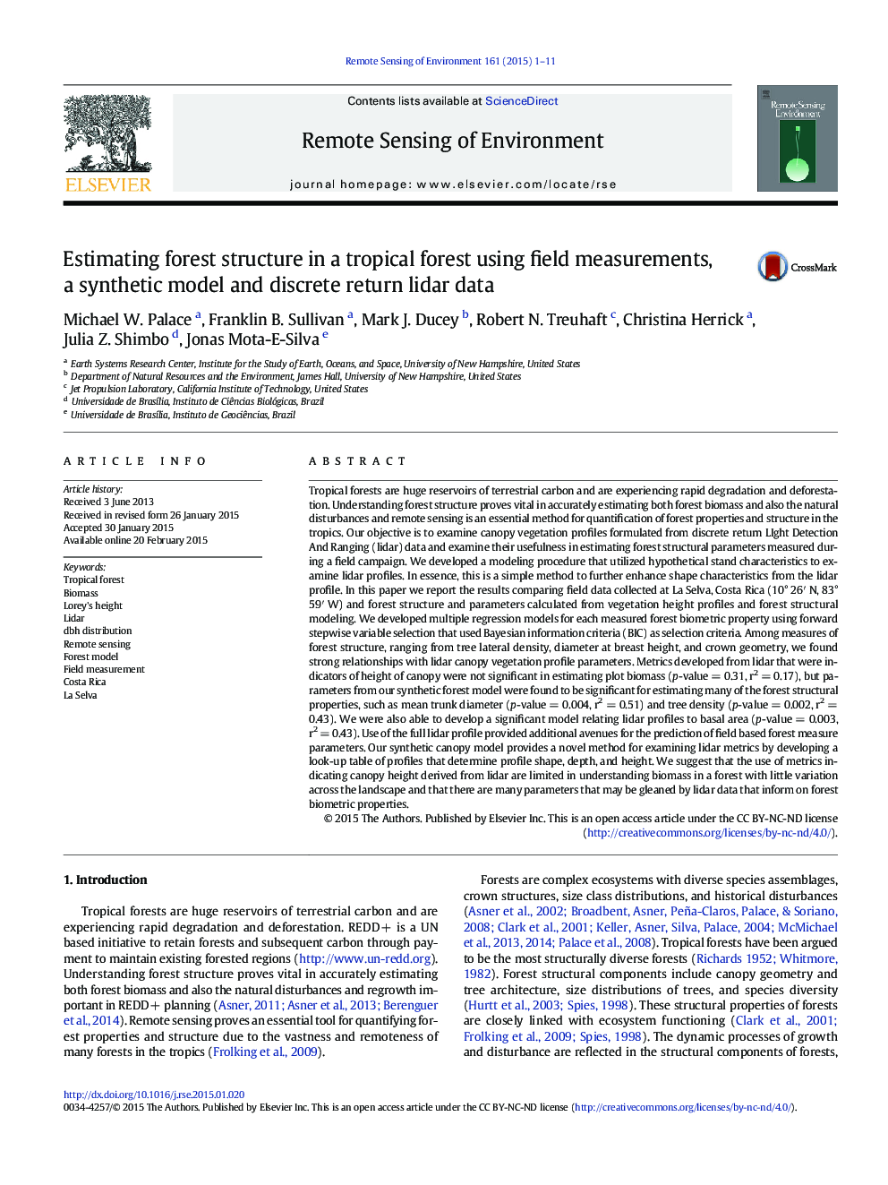 Estimating forest structure in a tropical forest using field measurements, a synthetic model and discrete return lidar data