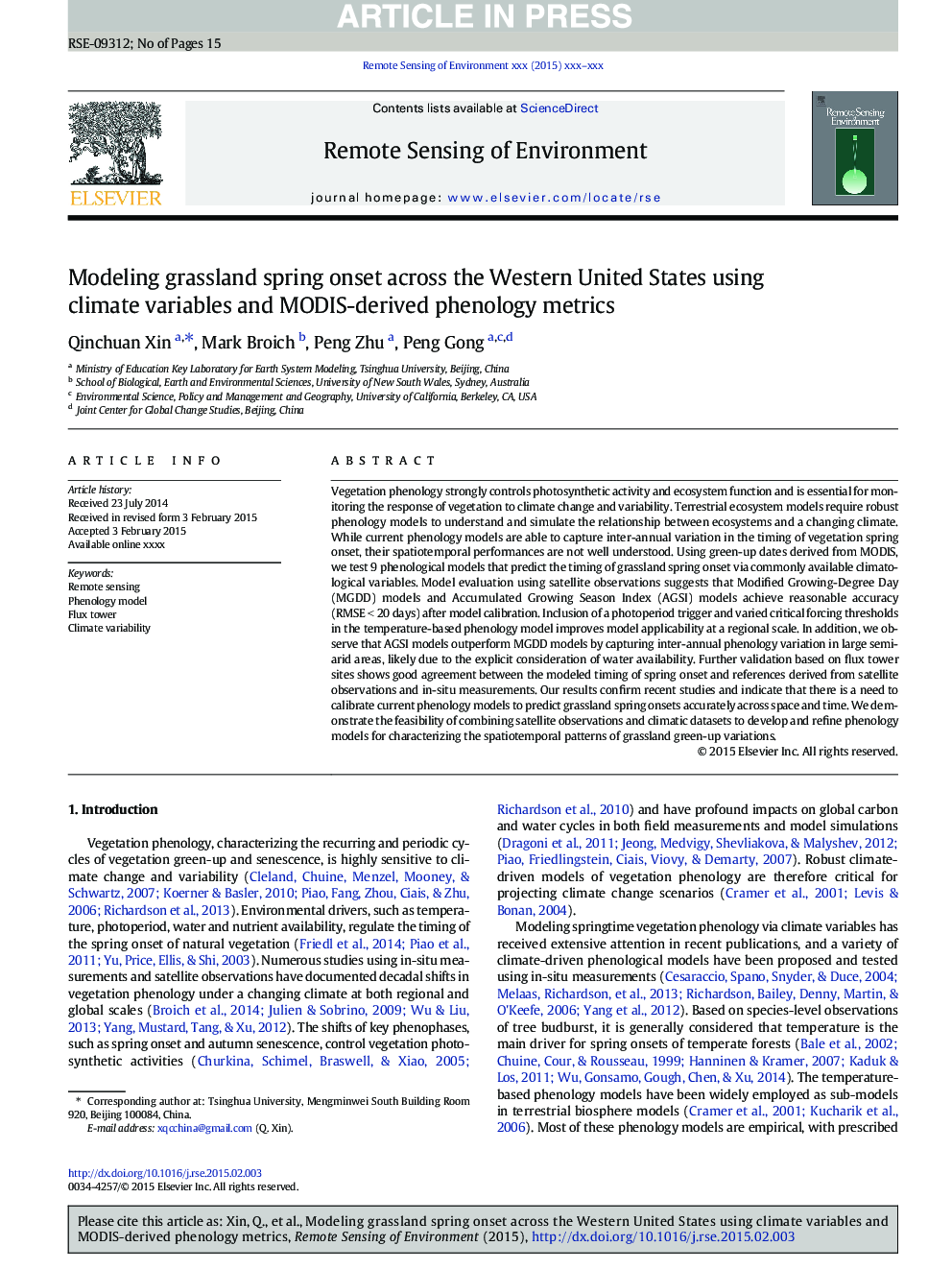 Modeling grassland spring onset across the Western United States using climate variables and MODIS-derived phenology metrics