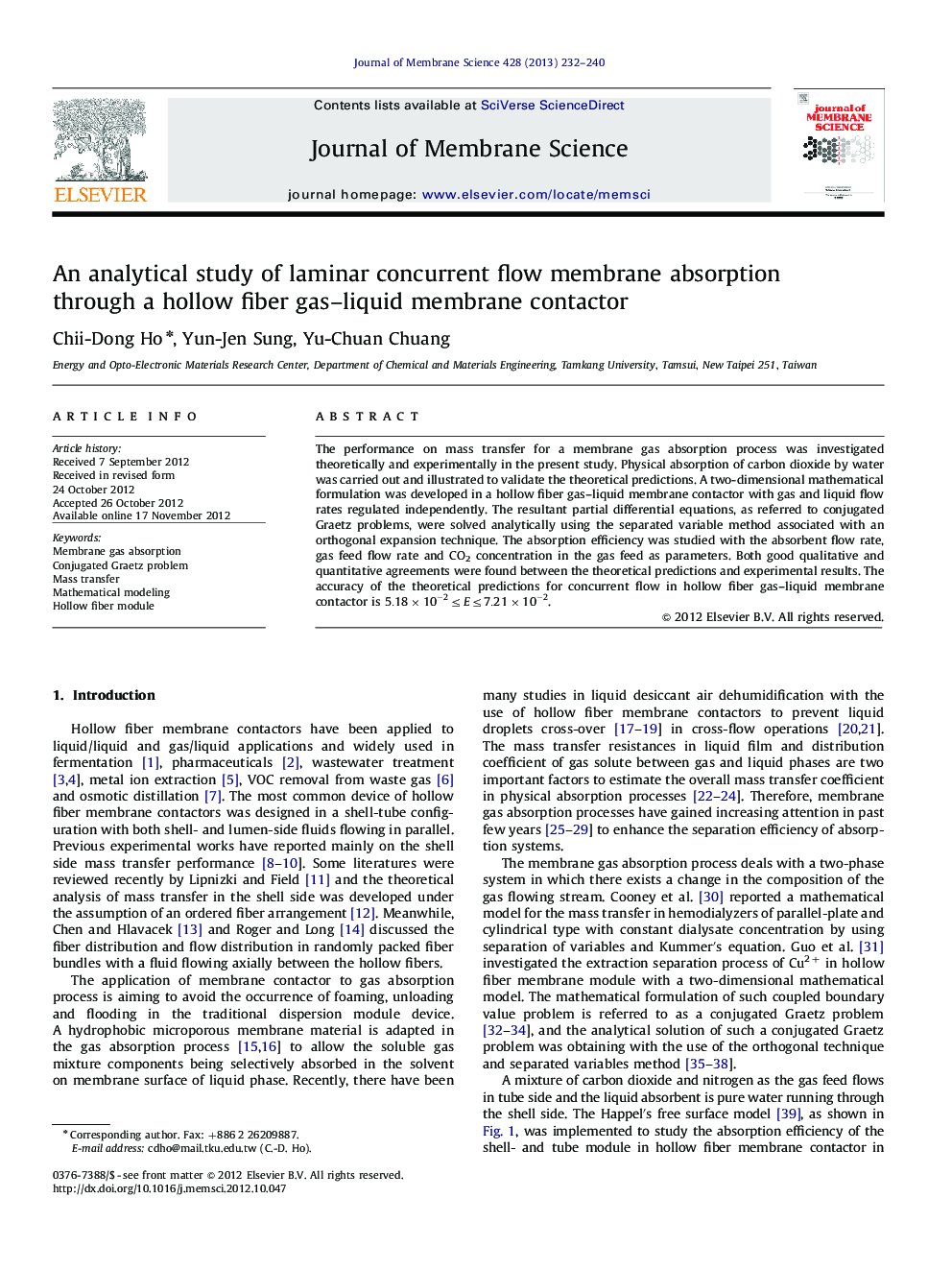 عکس صفحه اول مقاله: An analytical study of laminar concurrent flow membrane absorption through a hollow fiber gas–liquid membrane contactor An analytical study of laminar concurrent flow membrane absorption through a hollow fiber gas–liquid membrane contactor