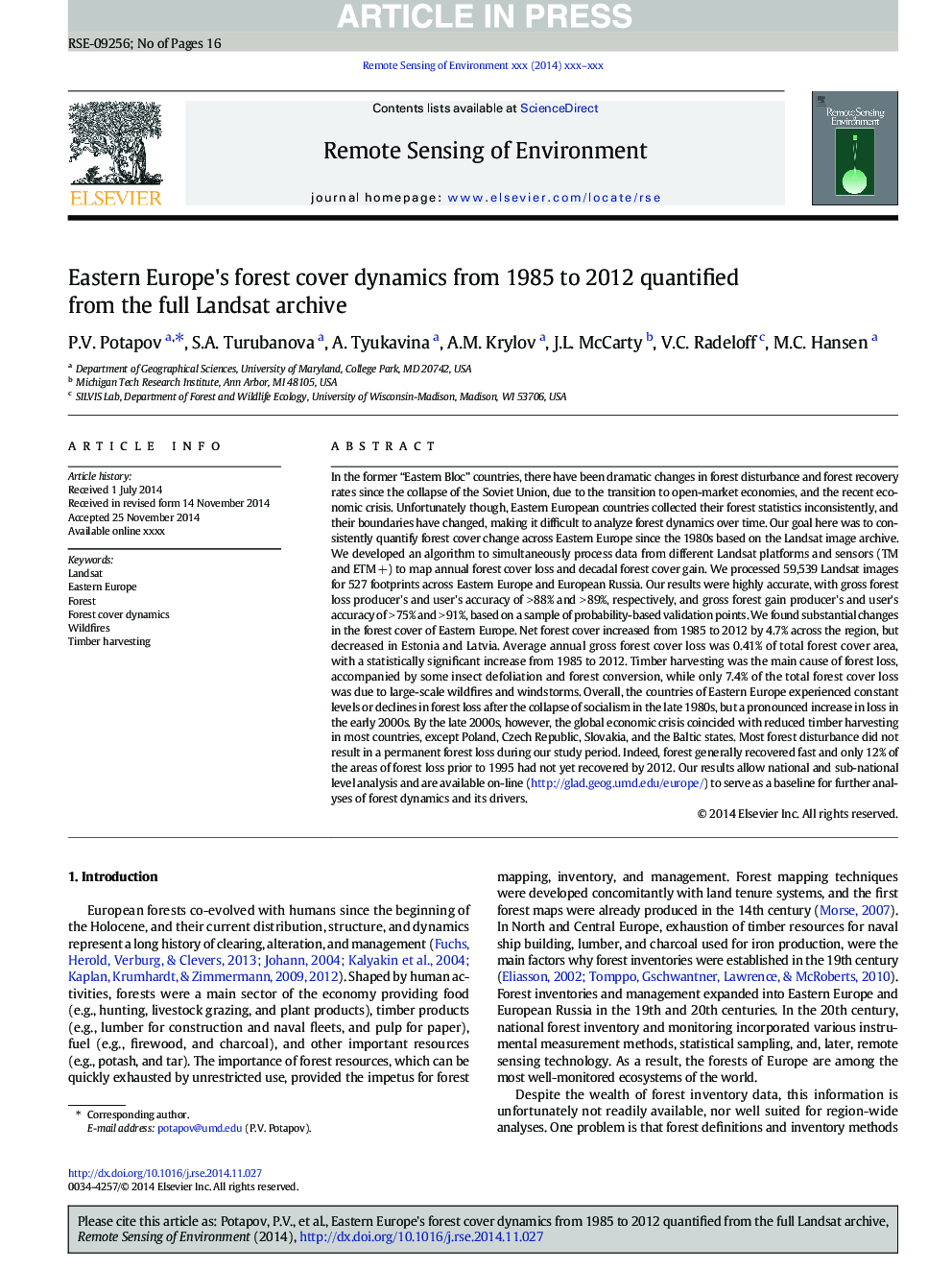 Eastern Europe's forest cover dynamics from 1985 to 2012 quantified from the full Landsat archive