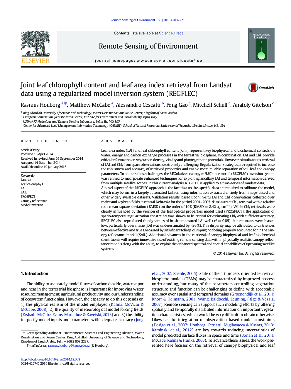 Joint leaf chlorophyll content and leaf area index retrieval from Landsat data using a regularized model inversion system (REGFLEC)