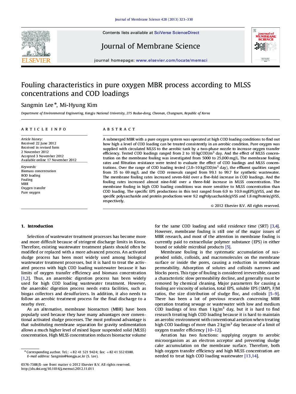 Fouling characteristics in pure oxygen MBR process according to MLSS concentrations and COD loadings