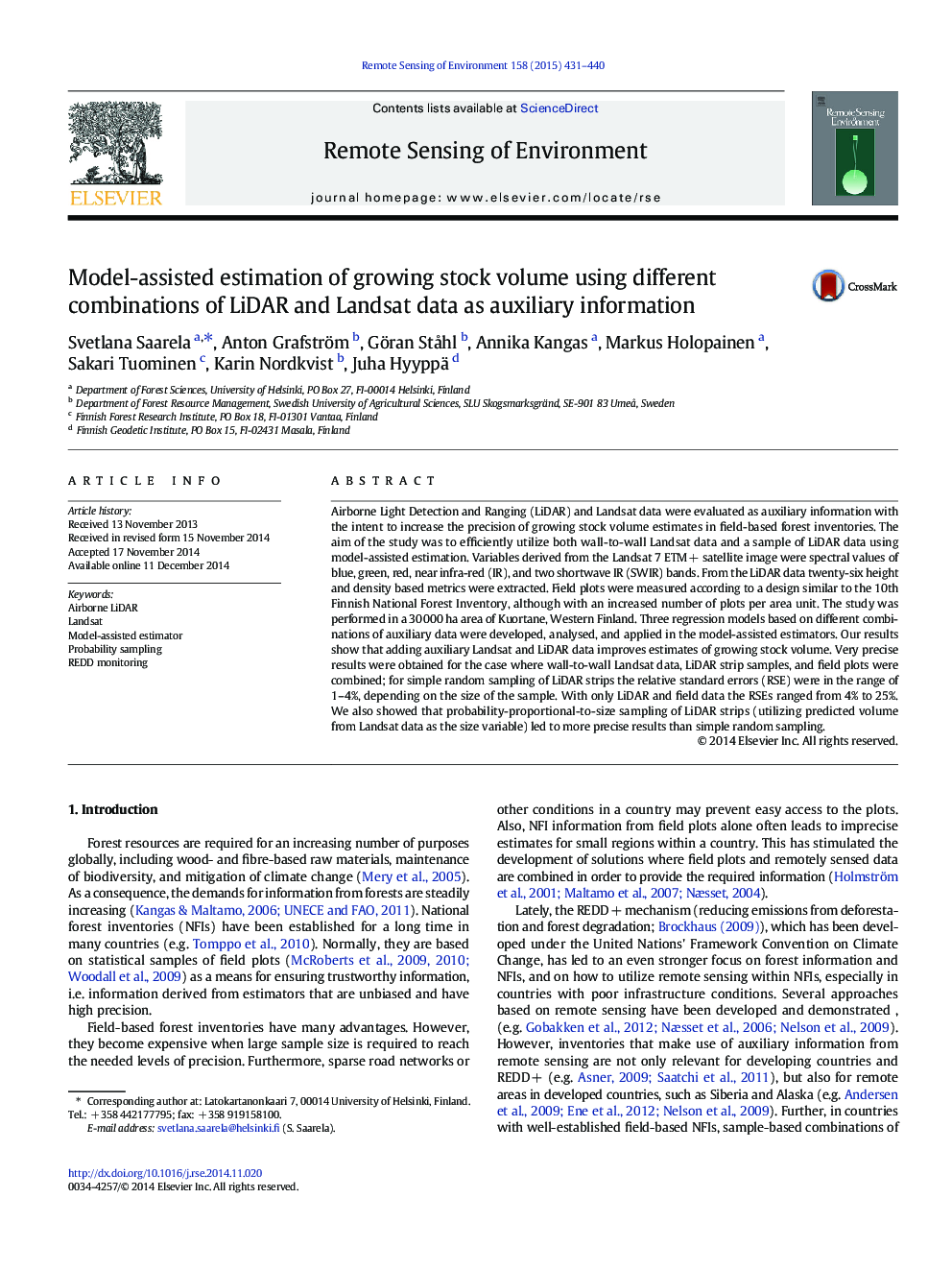 Model-assisted estimation of growing stock volume using different combinations of LiDAR and Landsat data as auxiliary information