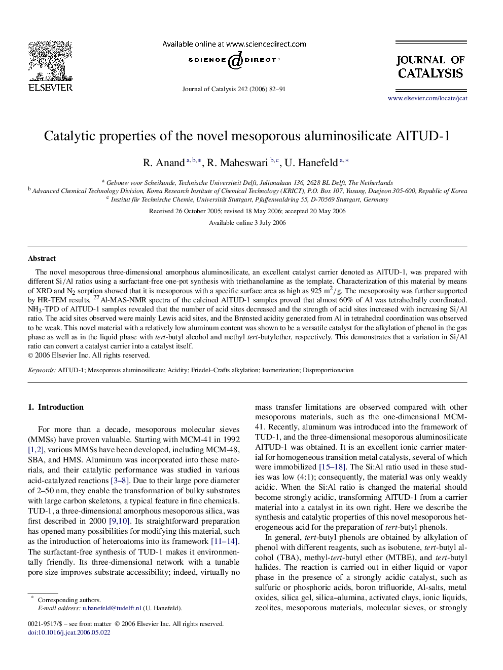 Catalytic properties of the novel mesoporous aluminosilicate AlTUD-1