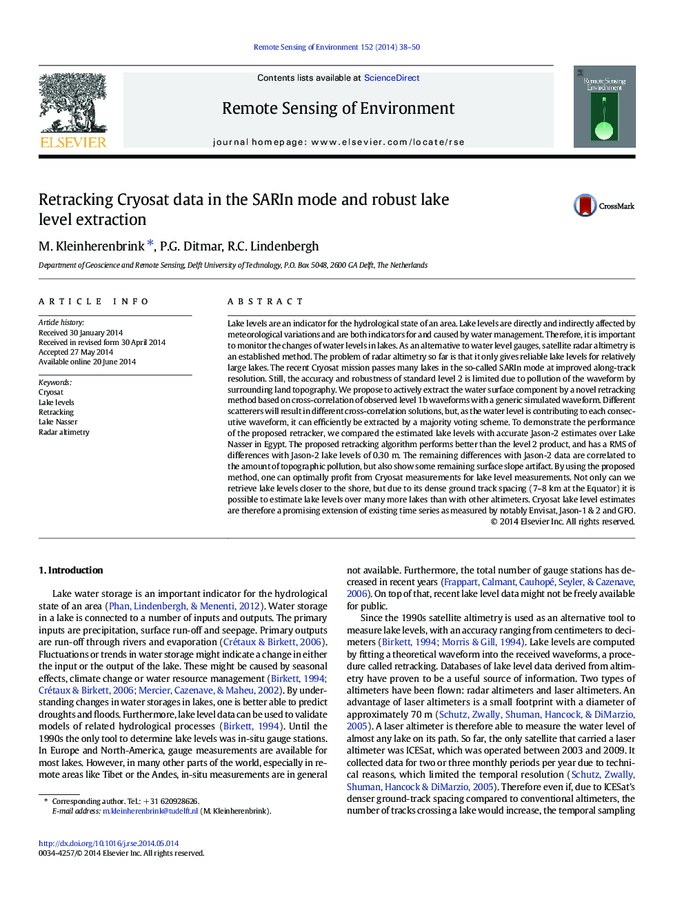 Retracking Cryosat data in the SARIn mode and robust lake level extraction