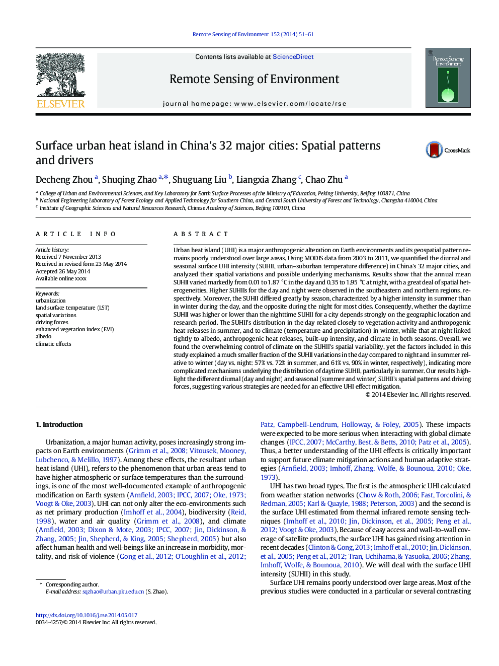 Surface urban heat island in China's 32 major cities: Spatial patterns and drivers