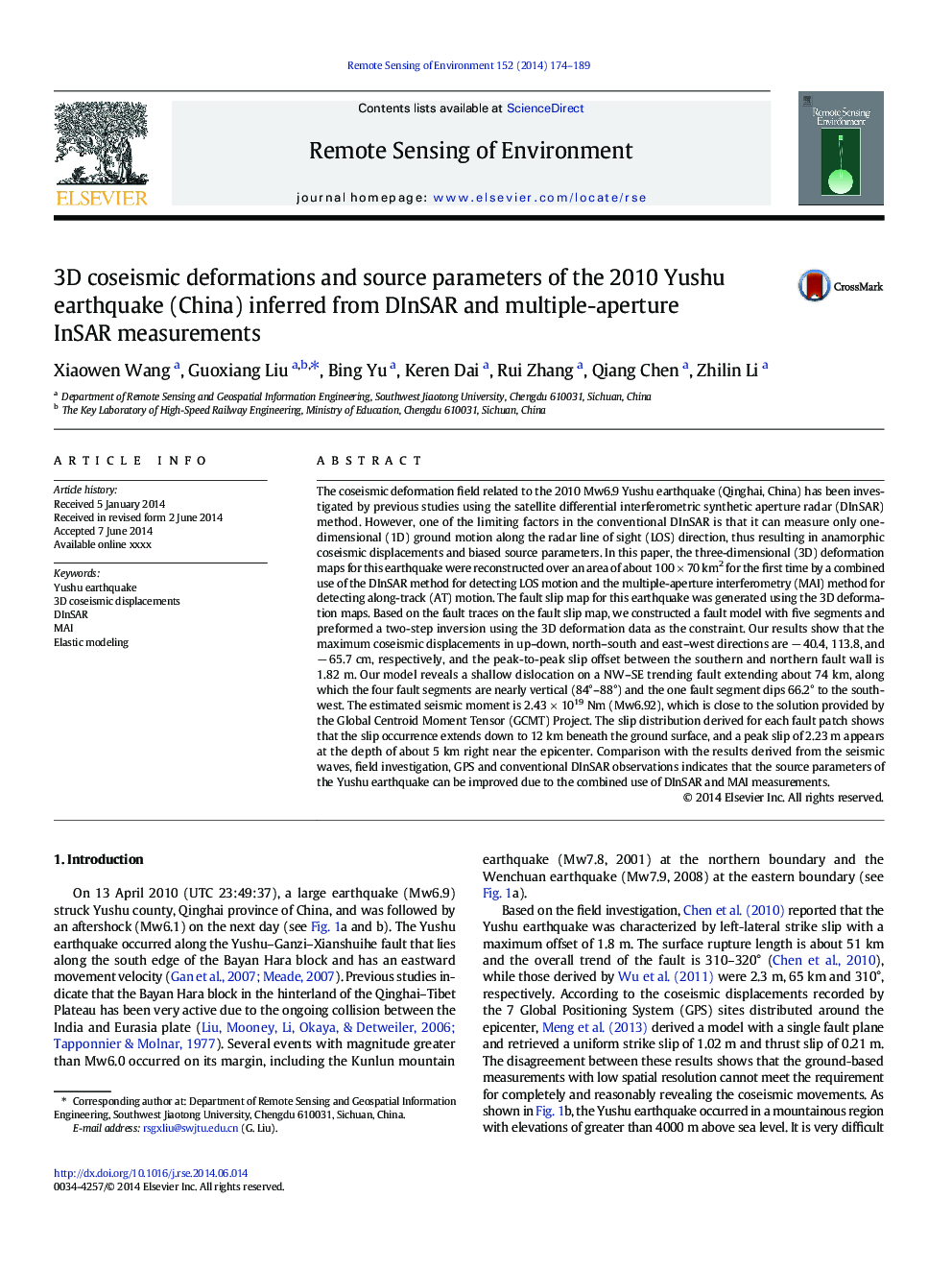 3D coseismic deformations and source parameters of the 2010 Yushu earthquake (China) inferred from DInSAR and multiple-aperture InSAR measurements