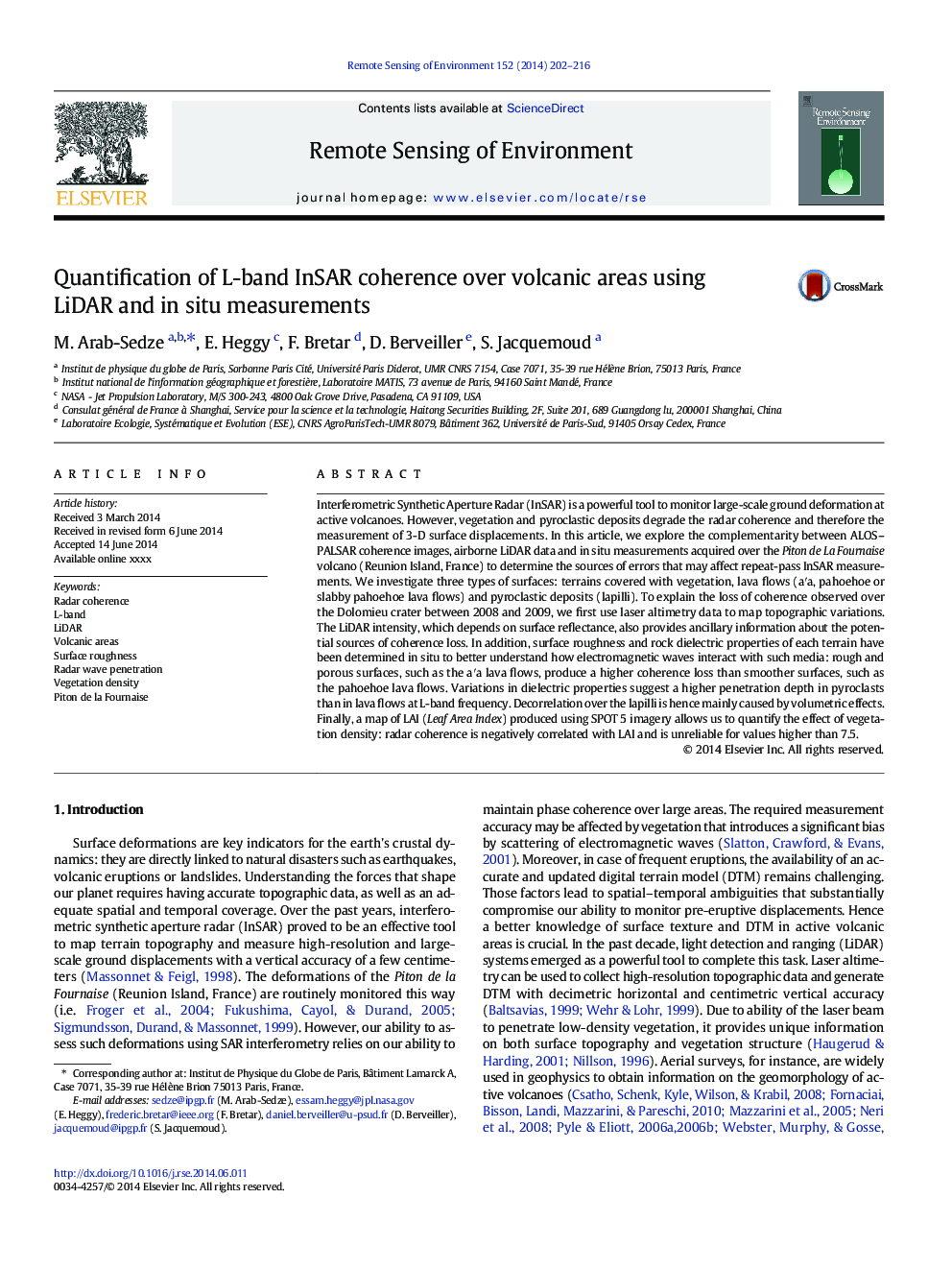 Quantification of L-band InSAR coherence over volcanic areas using LiDAR and in situ measurements