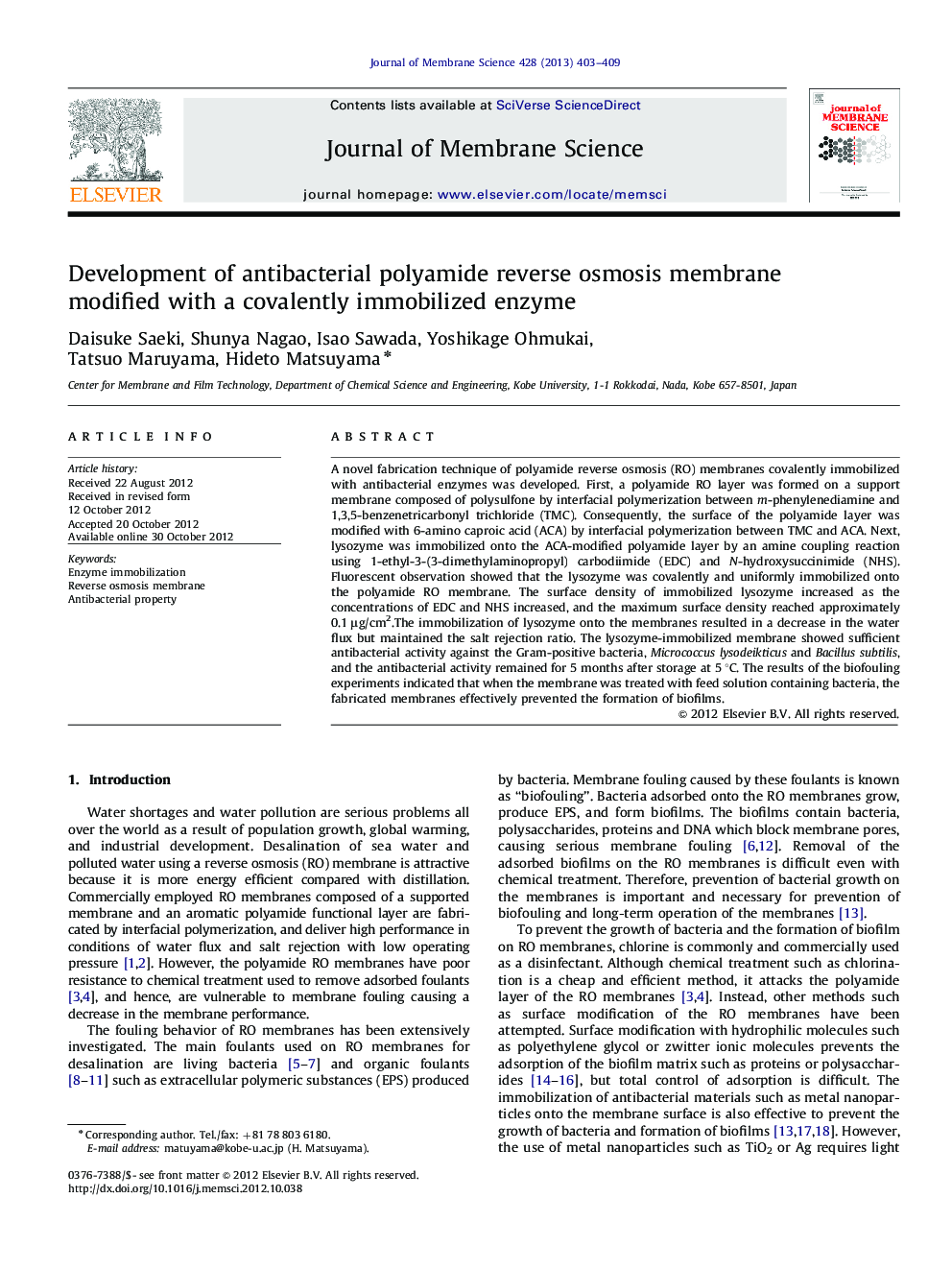 Development of antibacterial polyamide reverse osmosis membrane modified with a covalently immobilized enzyme