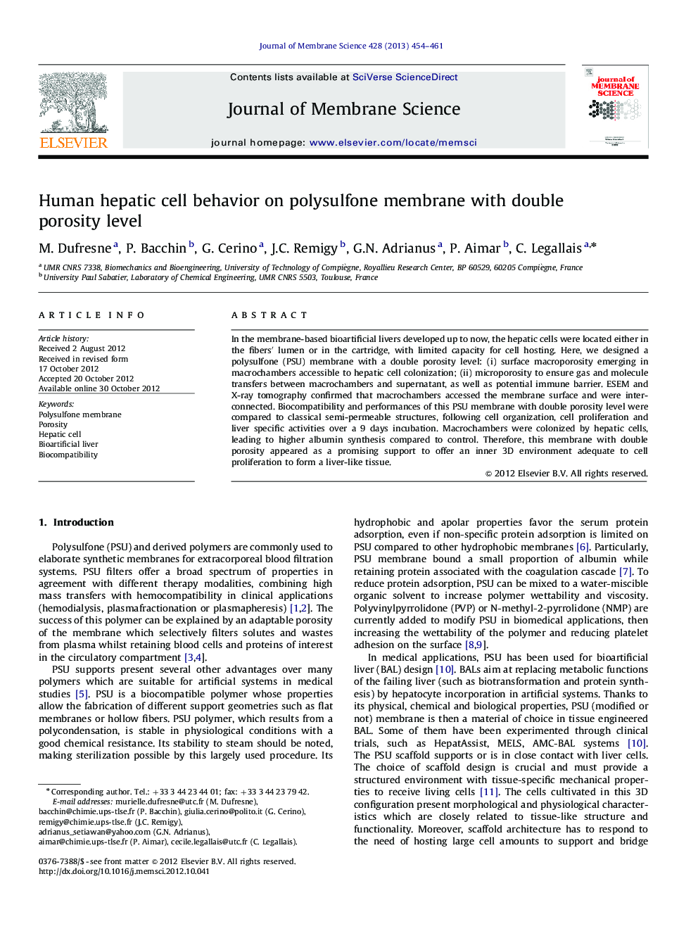 Human hepatic cell behavior on polysulfone membrane with double porosity level