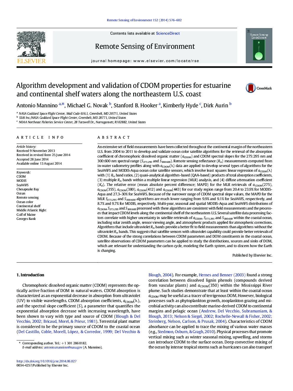 Algorithm development and validation of CDOM properties for estuarine and continental shelf waters along the northeastern U.S. coast