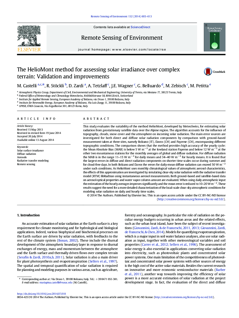 The HelioMont method for assessing solar irradiance over complex terrain: Validation and improvements