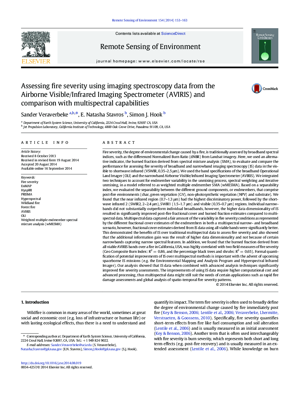 Assessing fire severity using imaging spectroscopy data from the Airborne Visible/Infrared Imaging Spectrometer (AVIRIS) and comparison with multispectral capabilities