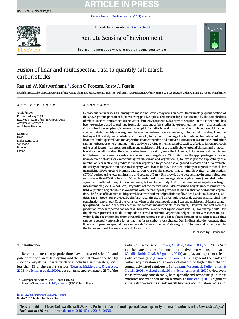 Fusion of lidar and multispectral data to quantify salt marsh carbon stocks