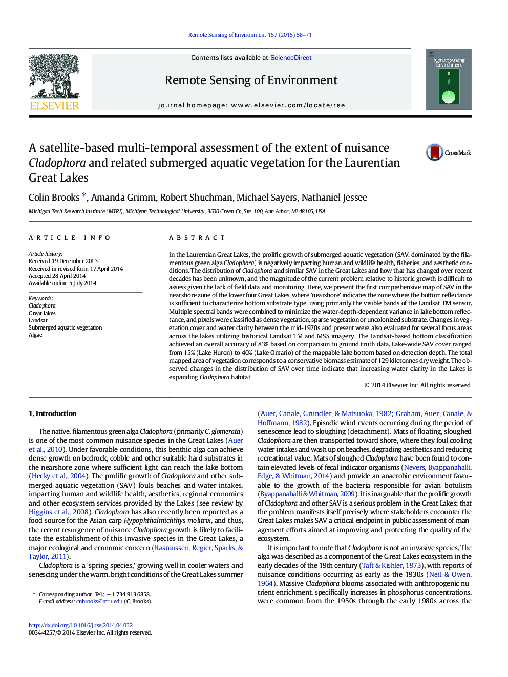 A satellite-based multi-temporal assessment of the extent of nuisance Cladophora and related submerged aquatic vegetation for the Laurentian Great Lakes