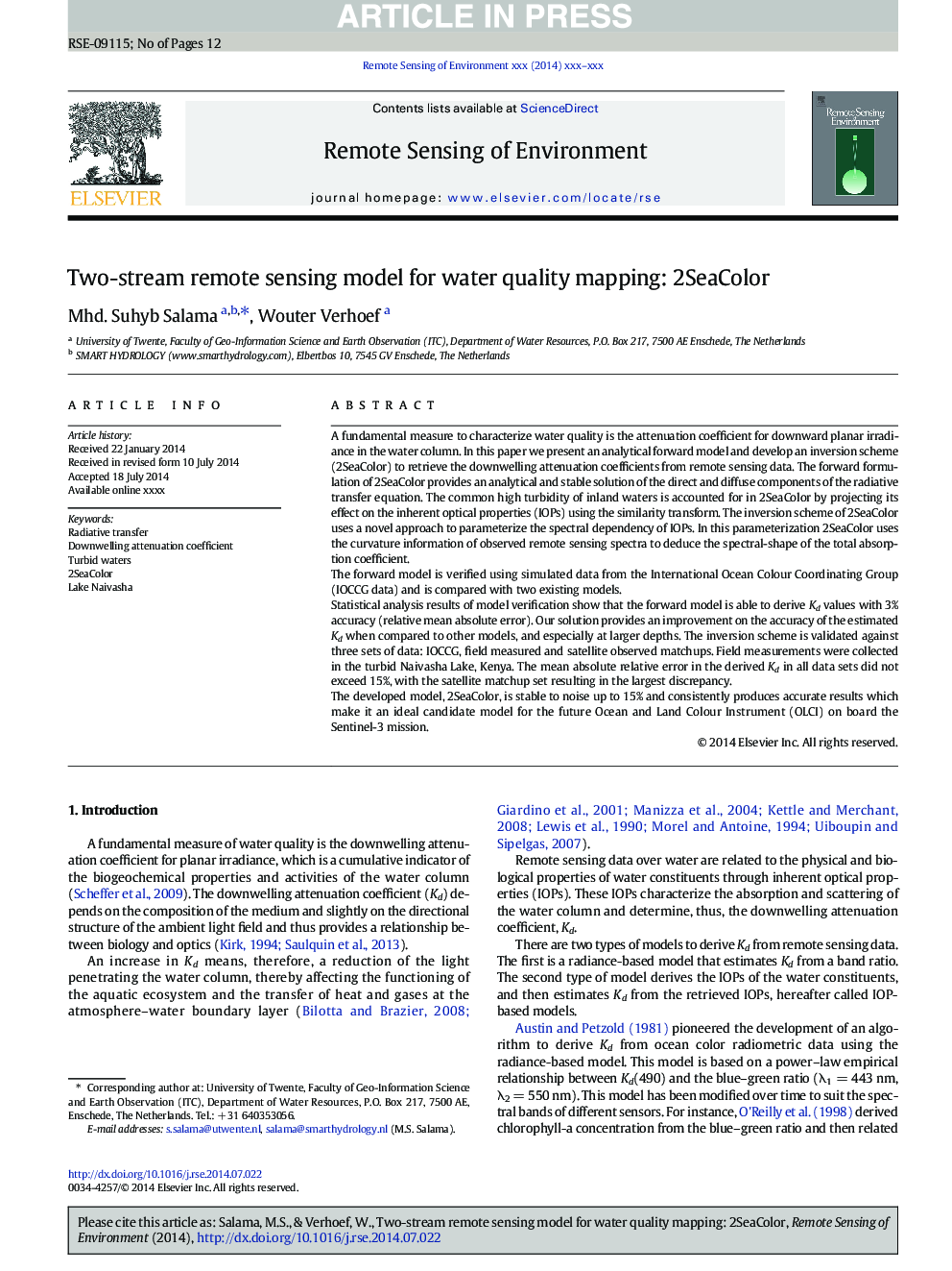 Two-stream remote sensing model for water quality mapping: 2SeaColor