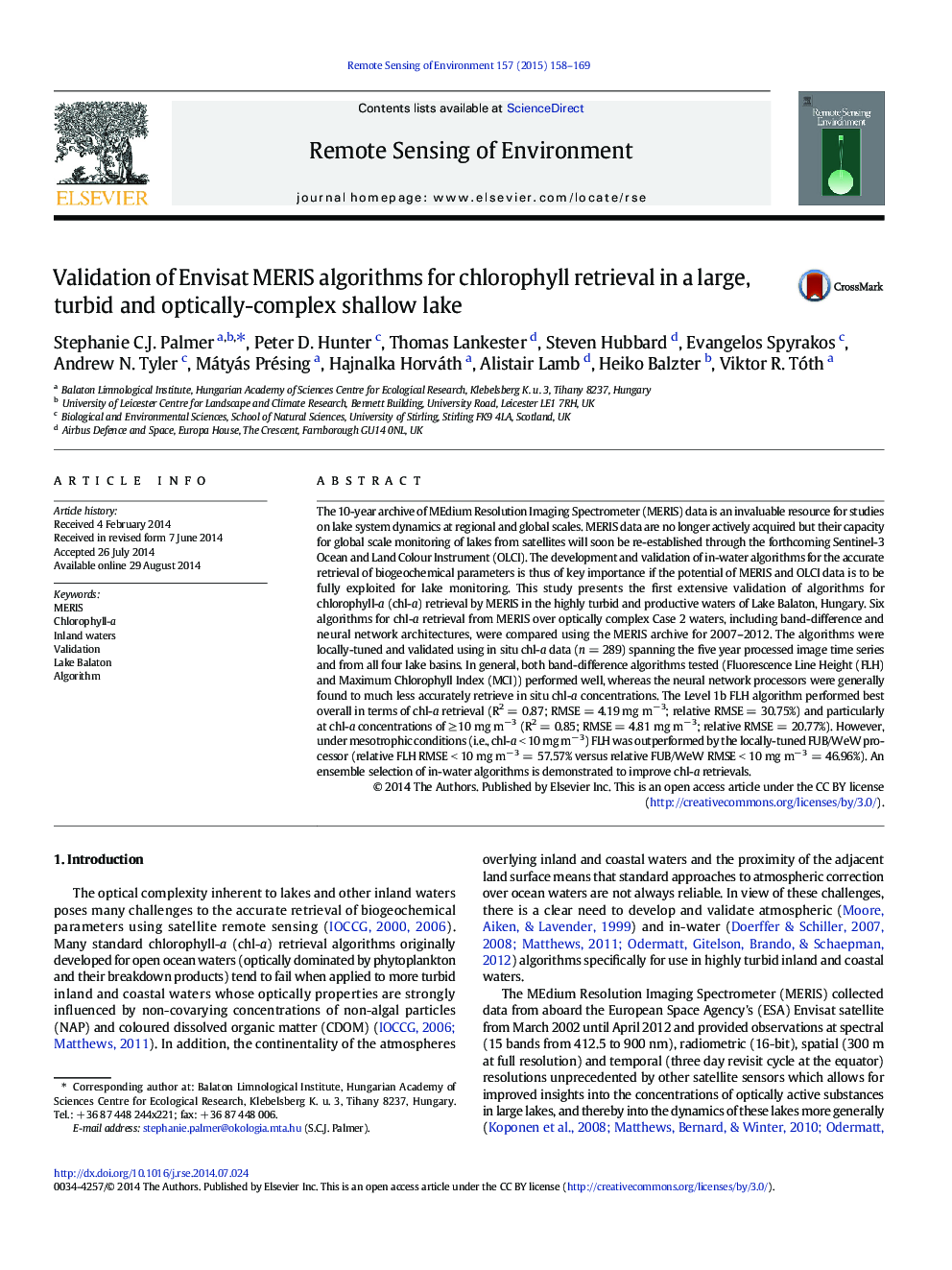 Validation of Envisat MERIS algorithms for chlorophyll retrieval in a large, turbid and optically-complex shallow lake
