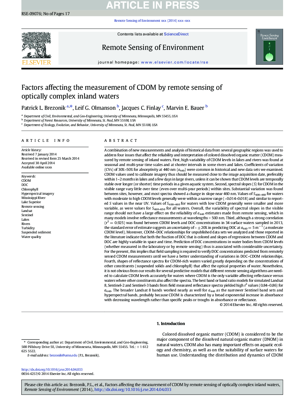 Factors affecting the measurement of CDOM by remote sensing of optically complex inland waters