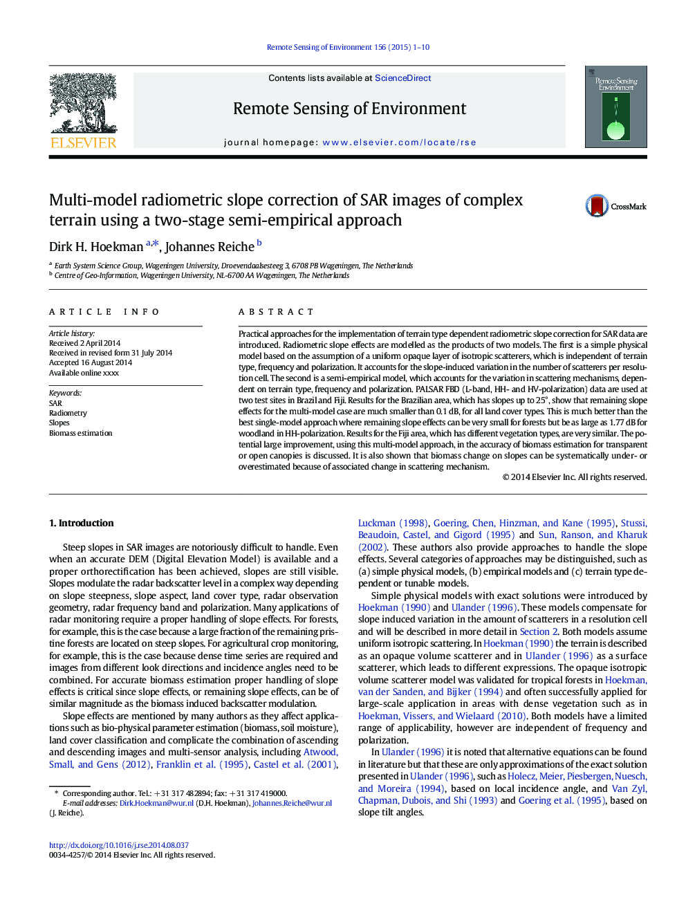 Multi-model radiometric slope correction of SAR images of complex terrain using a two-stage semi-empirical approach