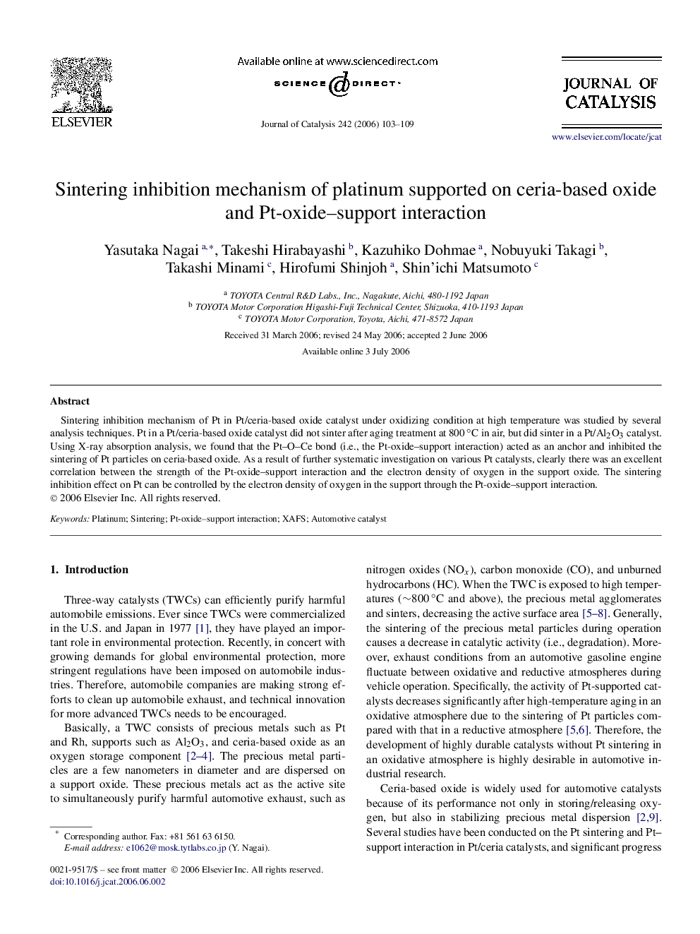 Sintering inhibition mechanism of platinum supported on ceria-based oxide and Pt-oxide–support interaction