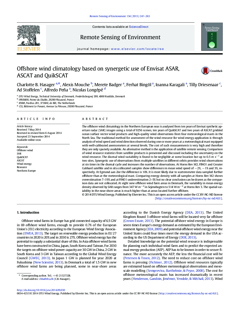 Offshore wind climatology based on synergetic use of Envisat ASAR, ASCAT and QuikSCAT