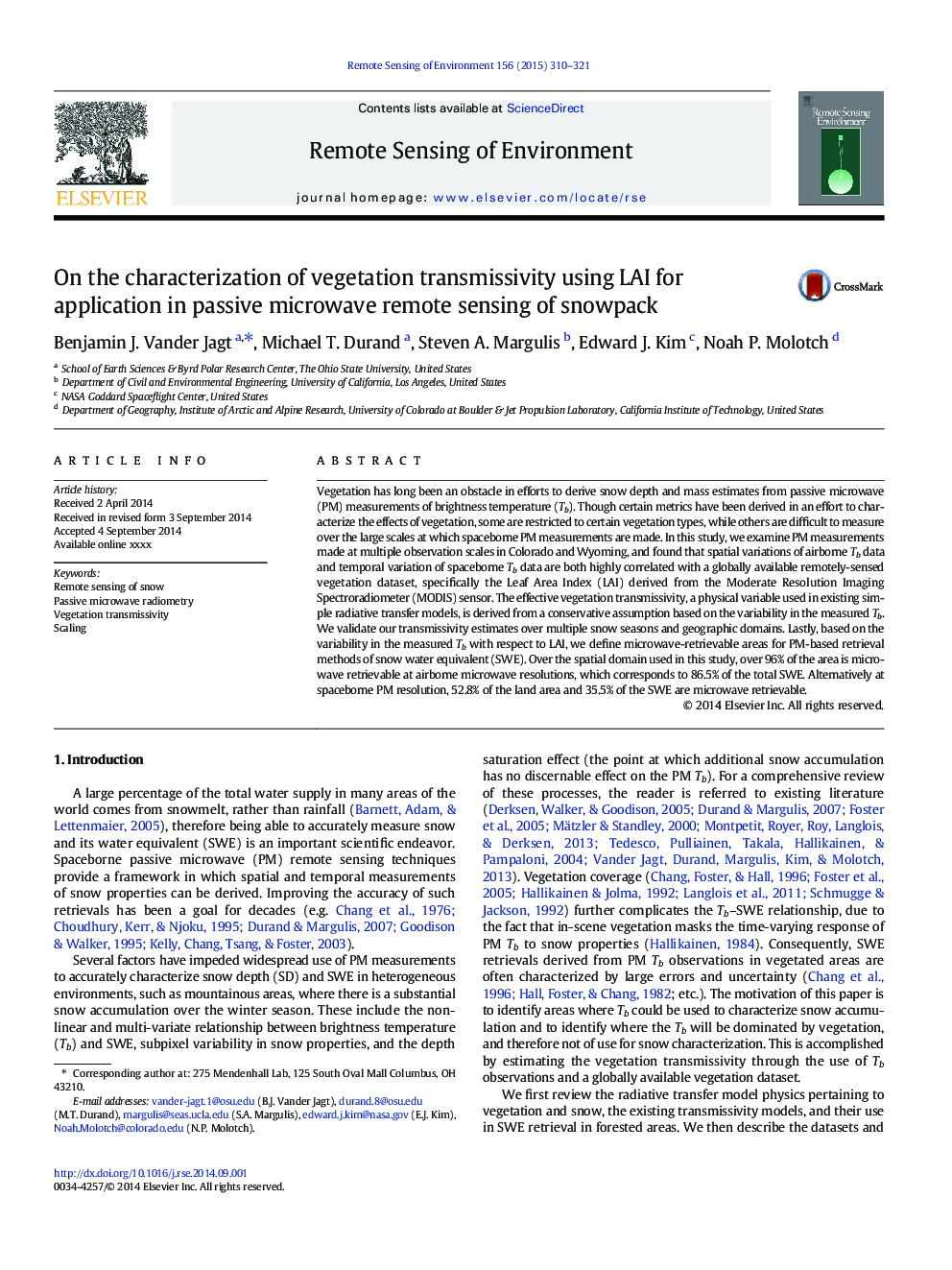 On the characterization of vegetation transmissivity using LAI for application in passive microwave remote sensing of snowpack