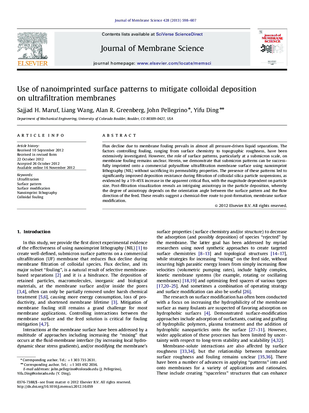 Use of nanoimprinted surface patterns to mitigate colloidal deposition on ultrafiltration membranes