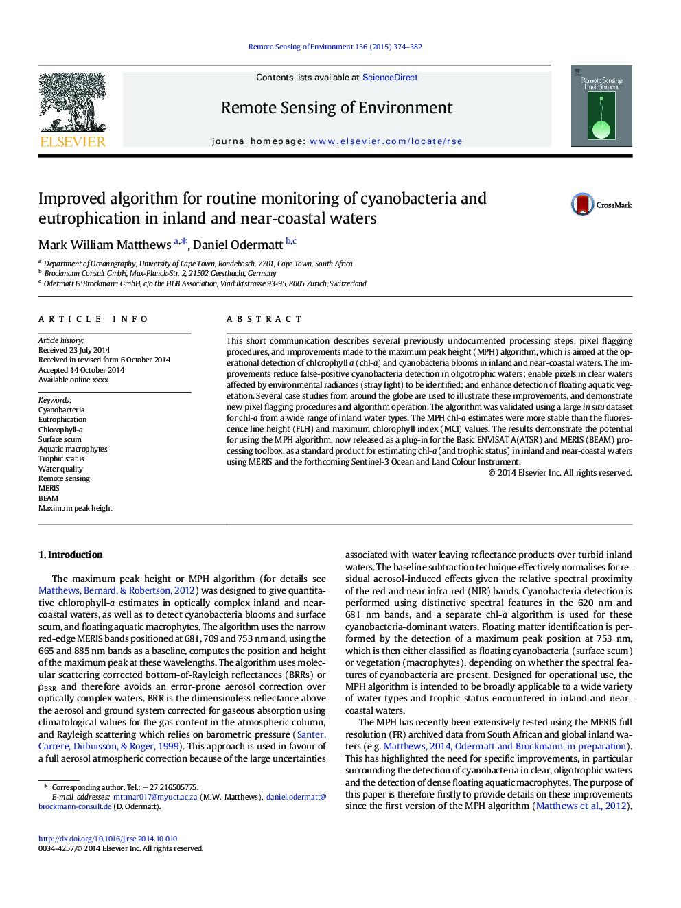 Improved algorithm for routine monitoring of cyanobacteria and eutrophication in inland and near-coastal waters