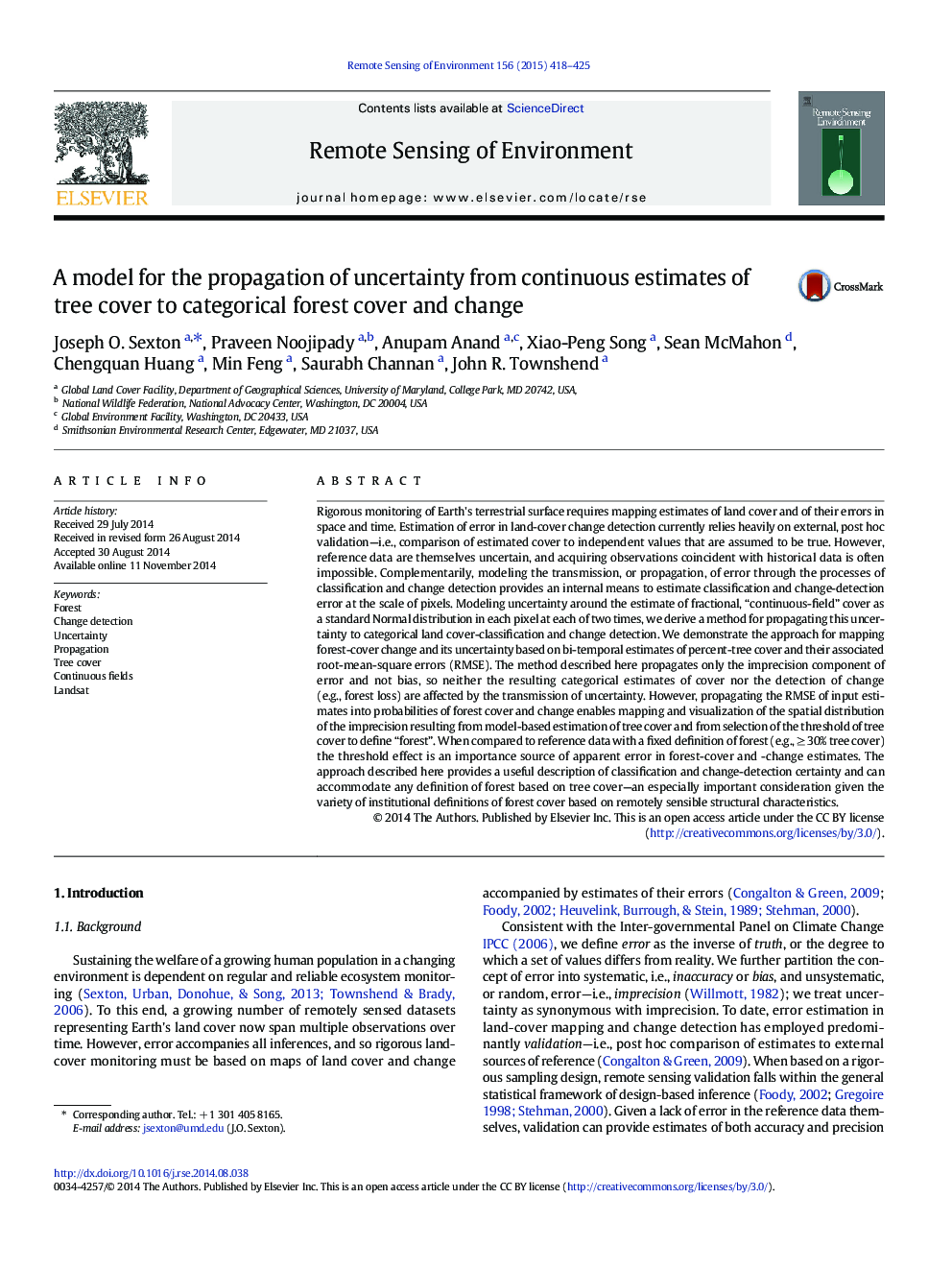 A model for the propagation of uncertainty from continuous estimates of tree cover to categorical forest cover and change