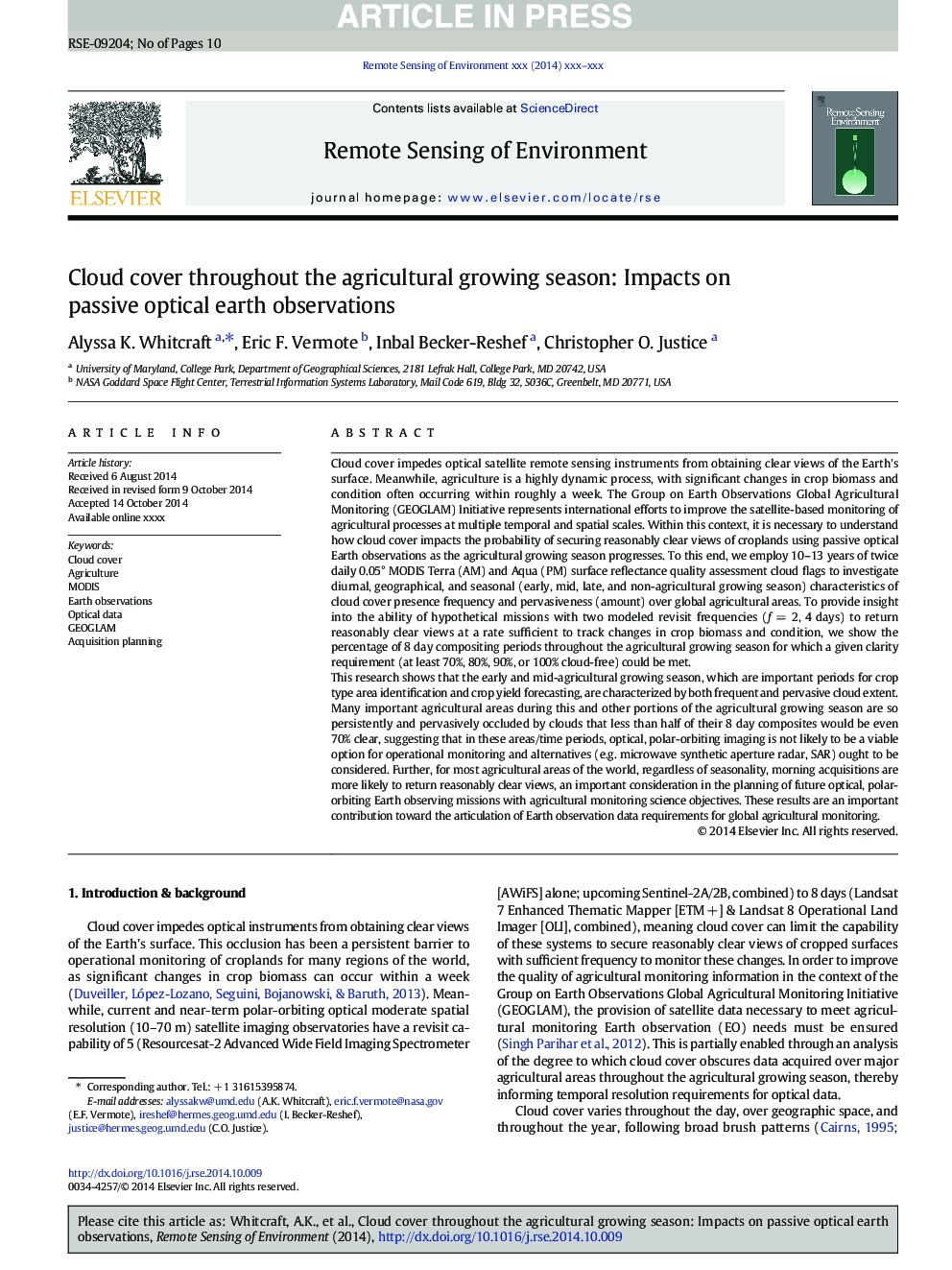 Cloud cover throughout the agricultural growing season: Impacts on passive optical earth observations