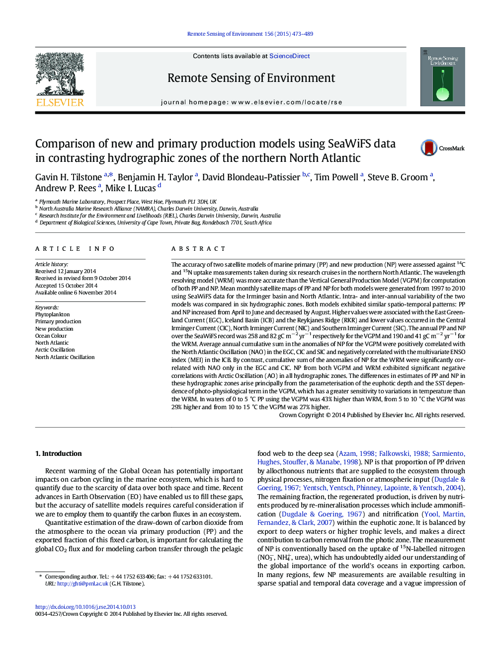 Comparison of new and primary production models using SeaWiFS data in contrasting hydrographic zones of the northern North Atlantic