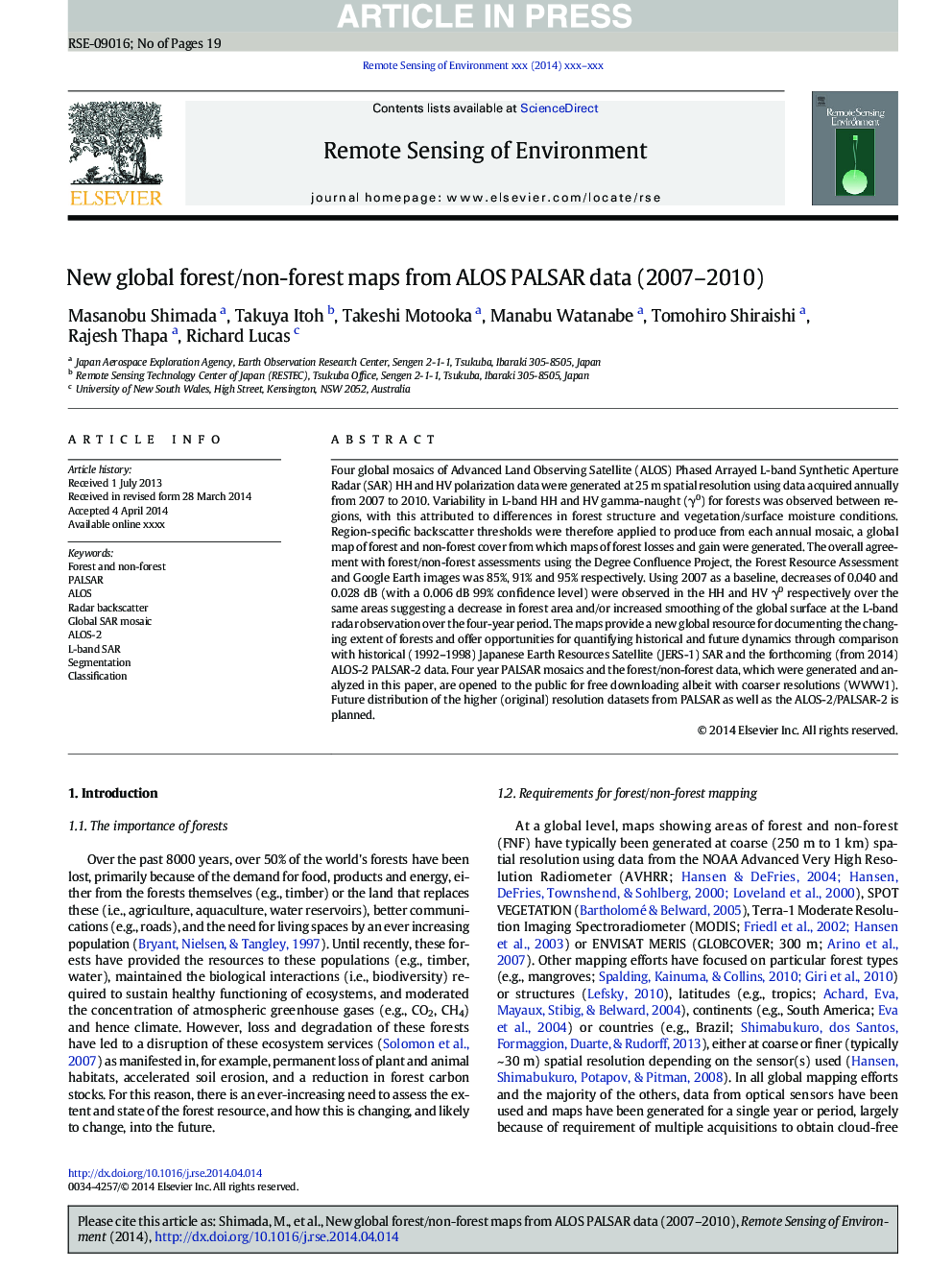 New global forest/non-forest maps from ALOS PALSAR data (2007-2010)