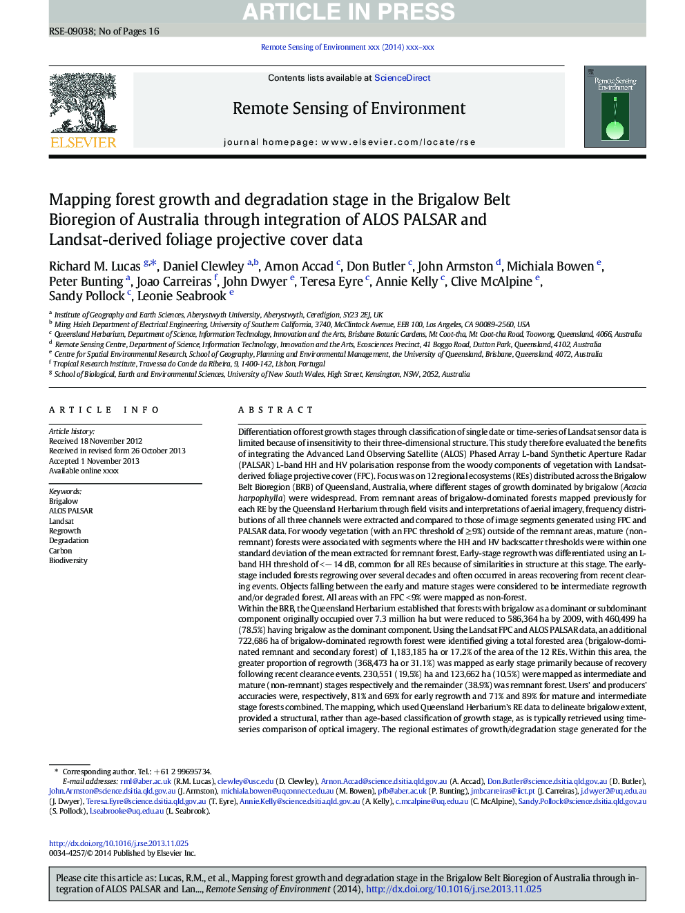 Mapping forest growth and degradation stage in the Brigalow Belt Bioregion of Australia through integration of ALOS PALSAR and Landsat-derived foliage projective cover data