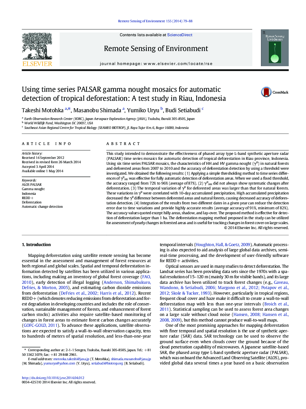 Using time series PALSAR gamma nought mosaics for automatic detection of tropical deforestation: A test study in Riau, Indonesia