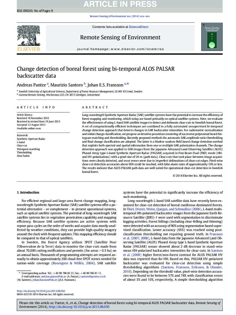 Change detection of boreal forest using bi-temporal ALOS PALSAR backscatter data