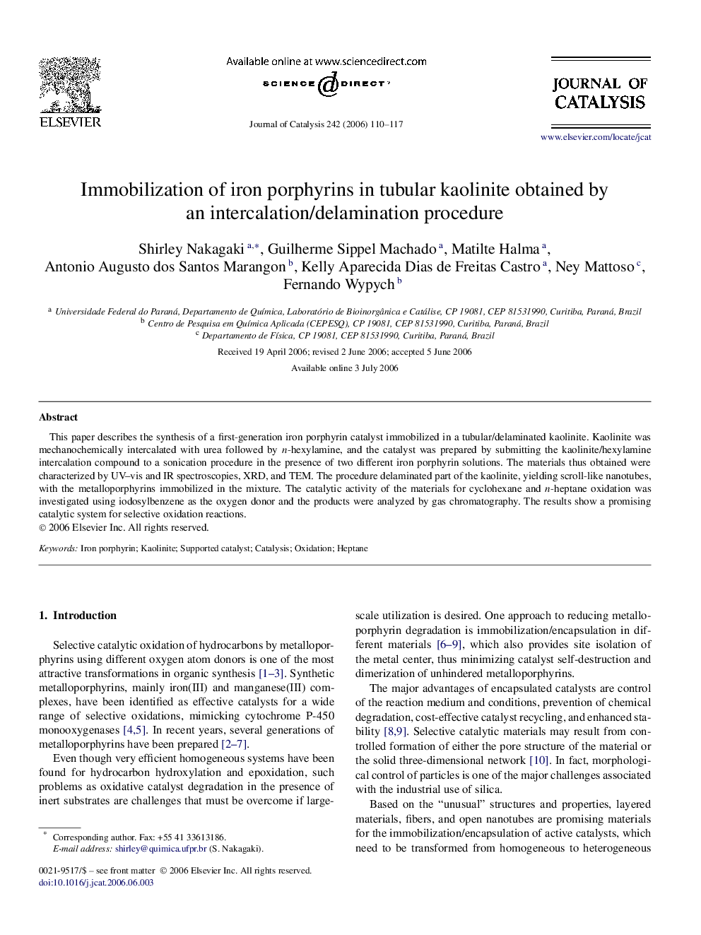 Immobilization of iron porphyrins in tubular kaolinite obtained by an intercalation/delamination procedure