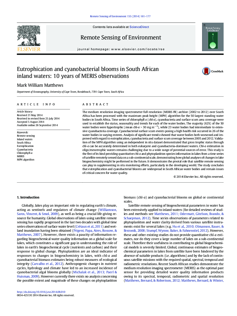 Eutrophication and cyanobacterial blooms in South African inland waters: 10Â years of MERIS observations