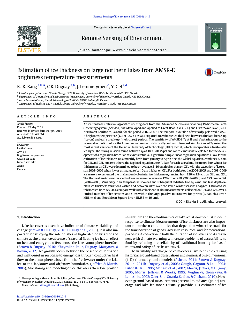 Estimation of ice thickness on large northern lakes from AMSR-E brightness temperature measurements