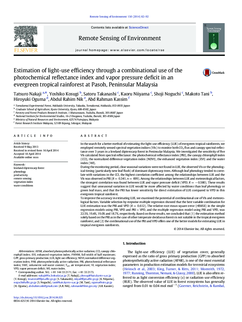Estimation of light-use efficiency through a combinational use of the photochemical reflectance index and vapor pressure deficit in an evergreen tropical rainforest at Pasoh, Peninsular Malaysia