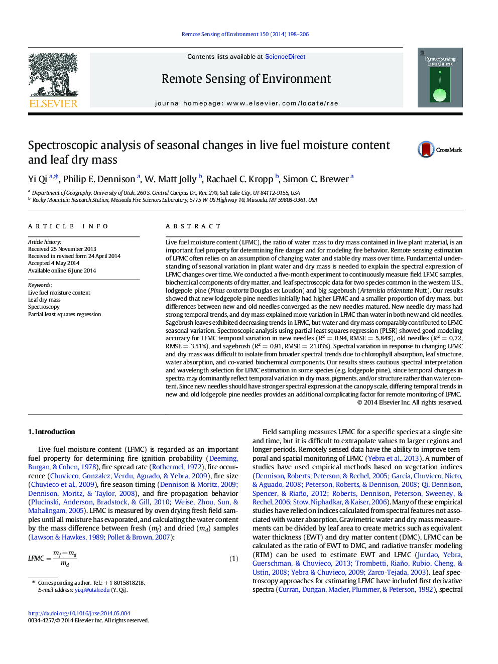 Spectroscopic analysis of seasonal changes in live fuel moisture content and leaf dry mass