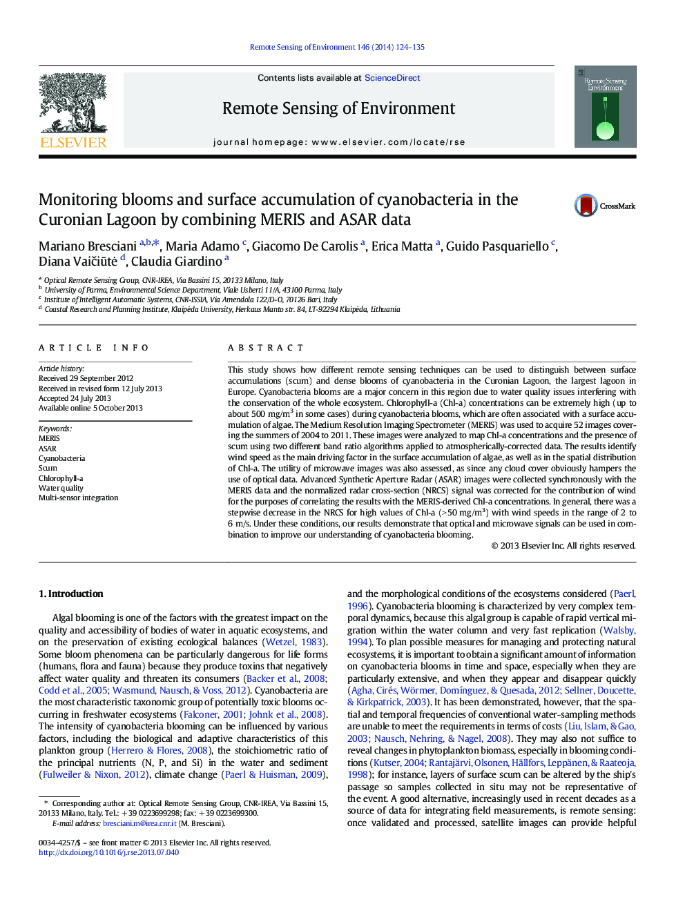 Monitoring blooms and surface accumulation of cyanobacteria in the Curonian Lagoon by combining MERIS and ASAR data