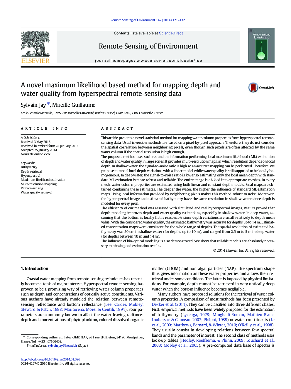 A novel maximum likelihood based method for mapping depth and water quality from hyperspectral remote-sensing data