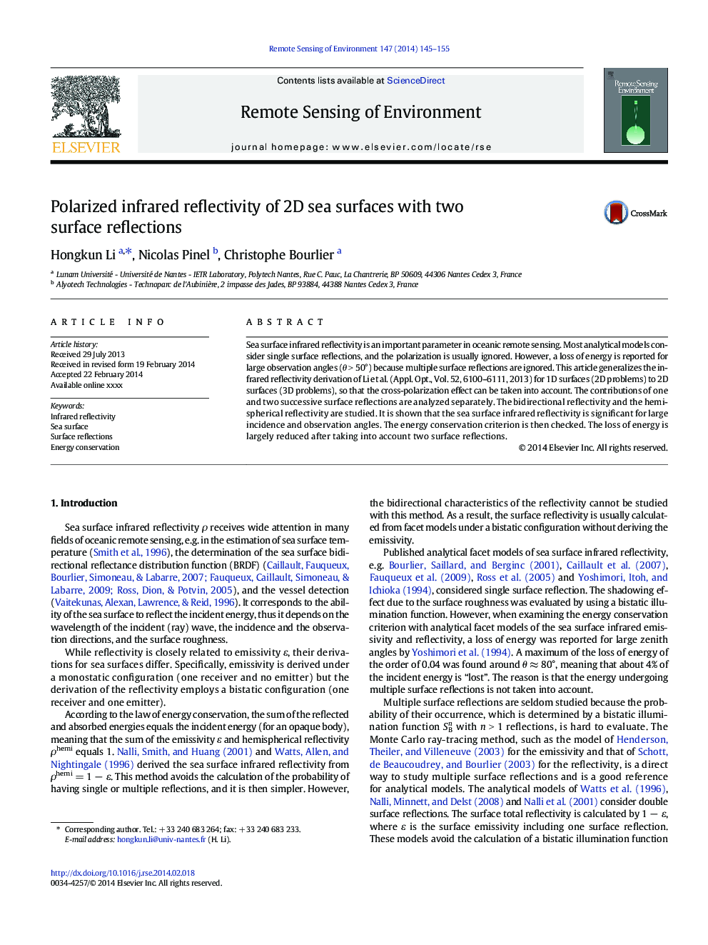 Polarized infrared reflectivity of 2D sea surfaces with two surface reflections