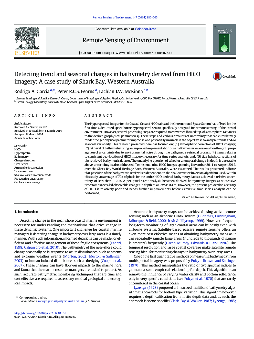 Detecting trend and seasonal changes in bathymetry derived from HICO imagery: A case study of Shark Bay, Western Australia