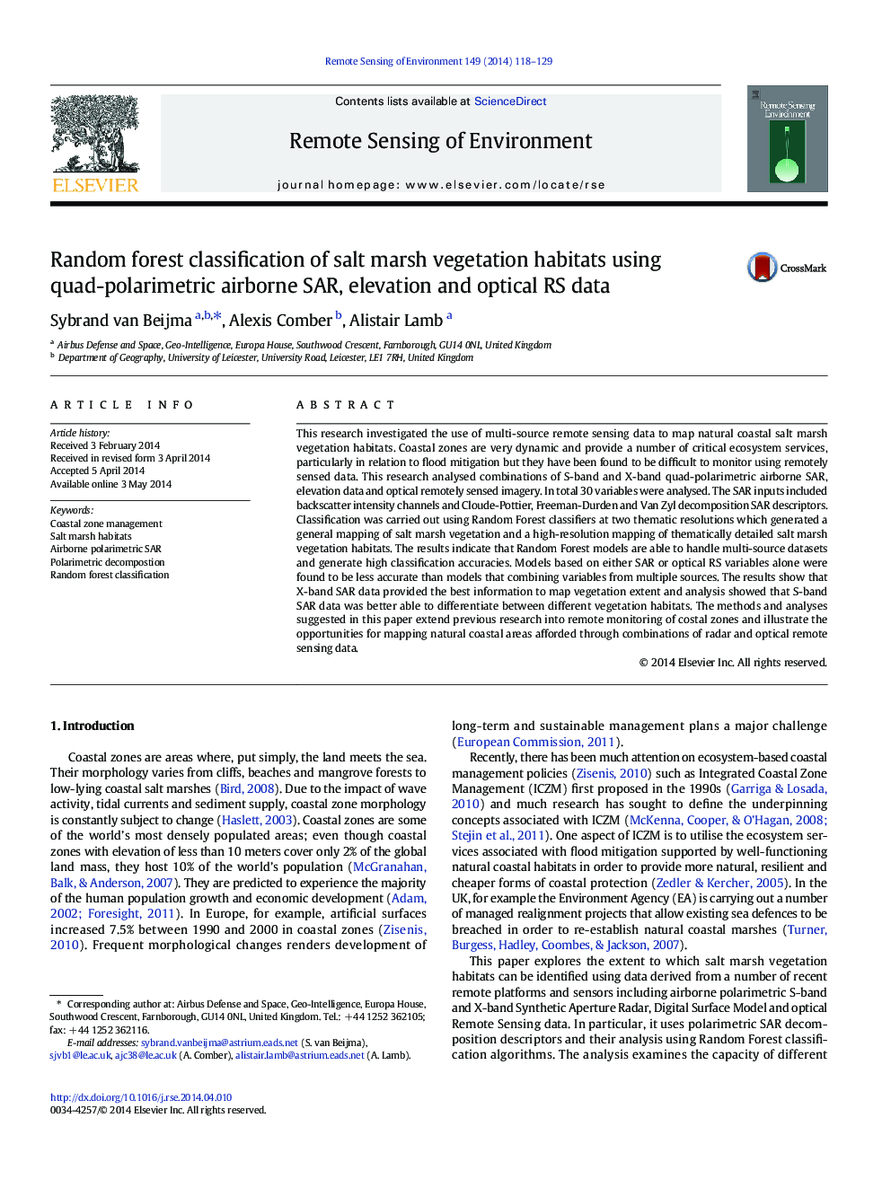 Random forest classification of salt marsh vegetation habitats using quad-polarimetric airborne SAR, elevation and optical RS data