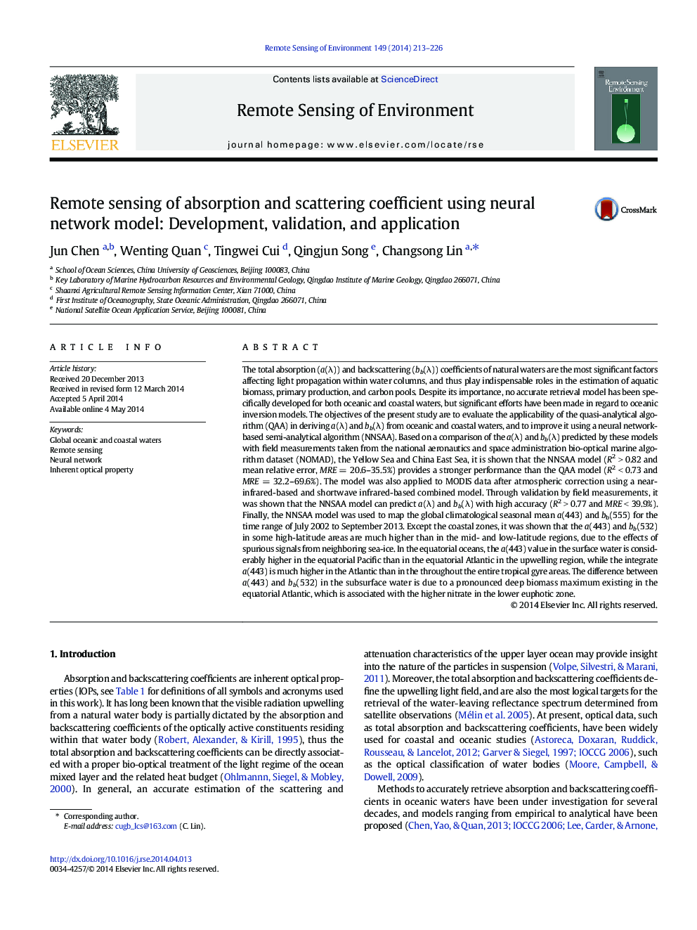 Remote sensing of absorption and scattering coefficient using neural network model: Development, validation, and application