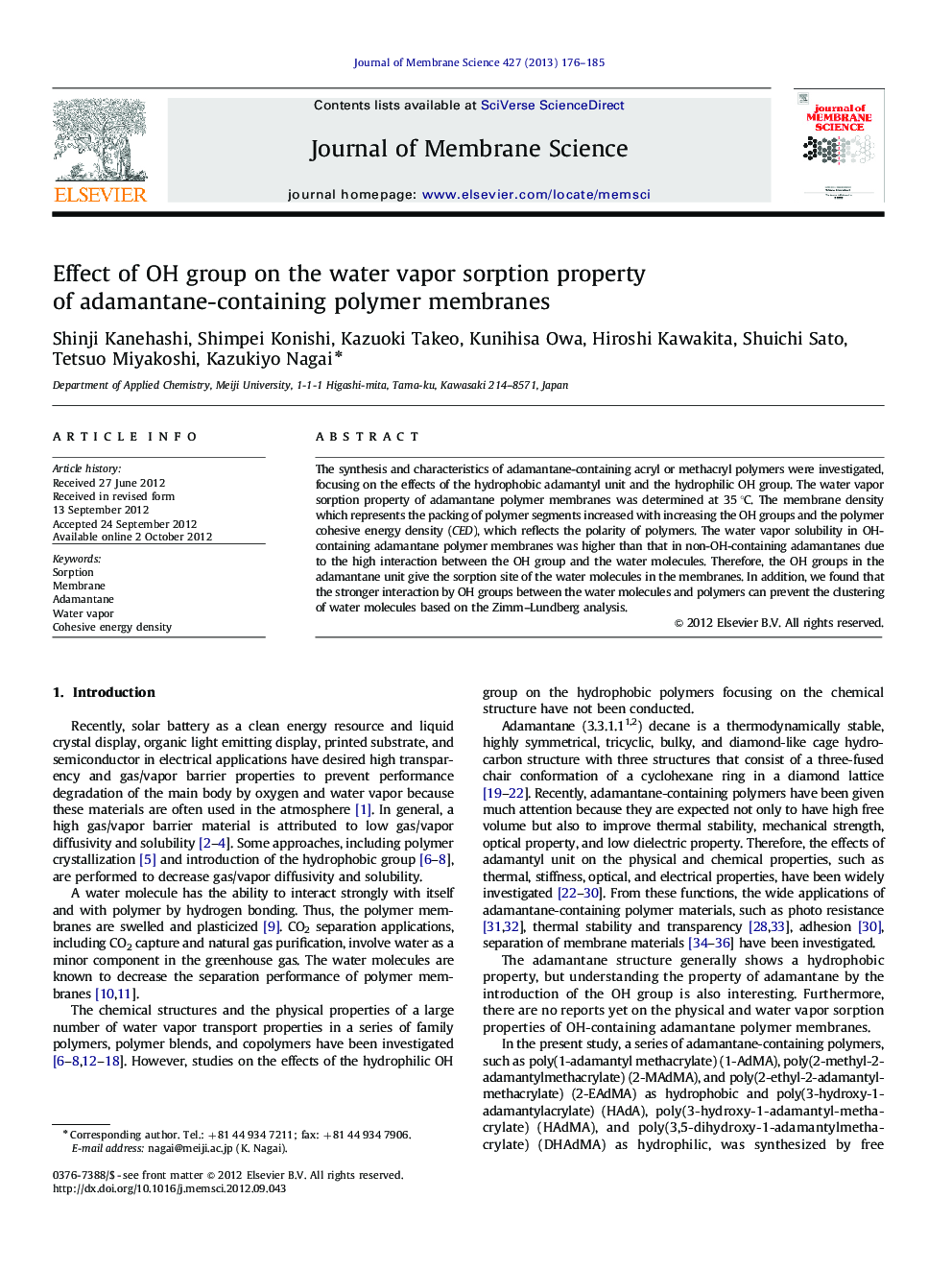 Effect of OH group on the water vapor sorption property of adamantane-containing polymer membranes